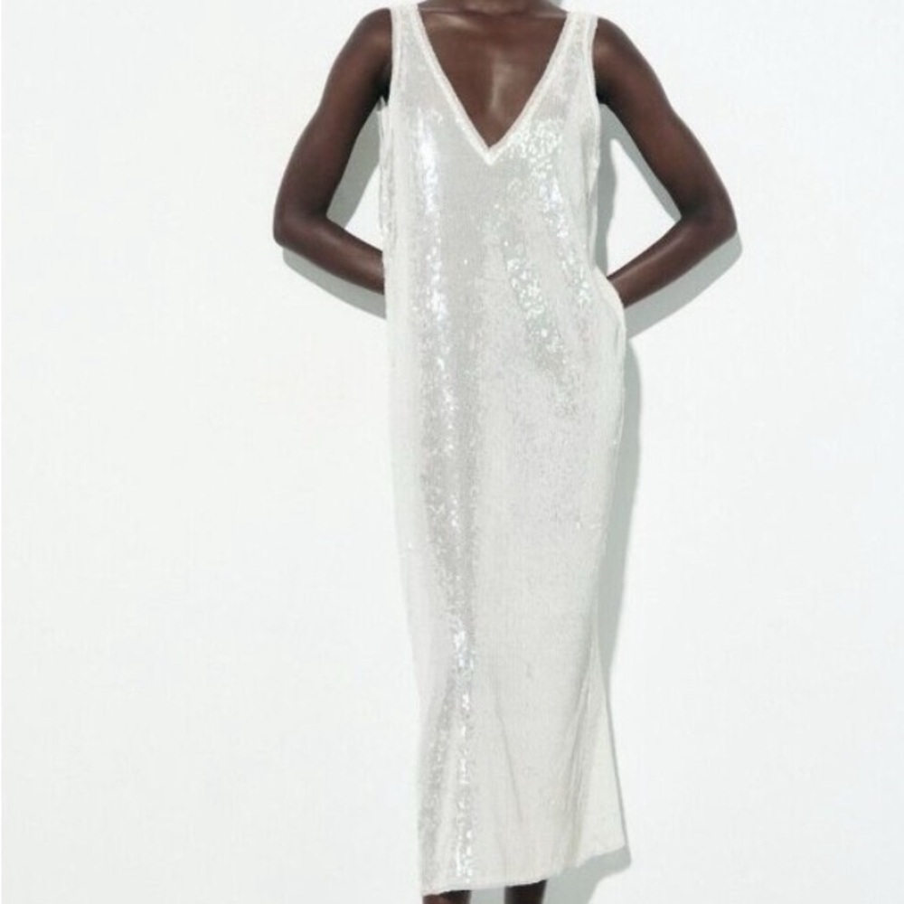 Zara sequin deep v white ankle length dress